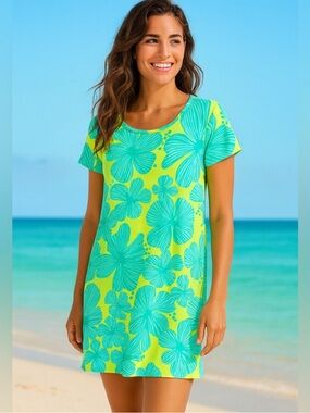 LILLY PULITZER  FLORAL UPF 50+ SHORT SLEEVE SHIRT DRESS BEACH POOL COVER UP